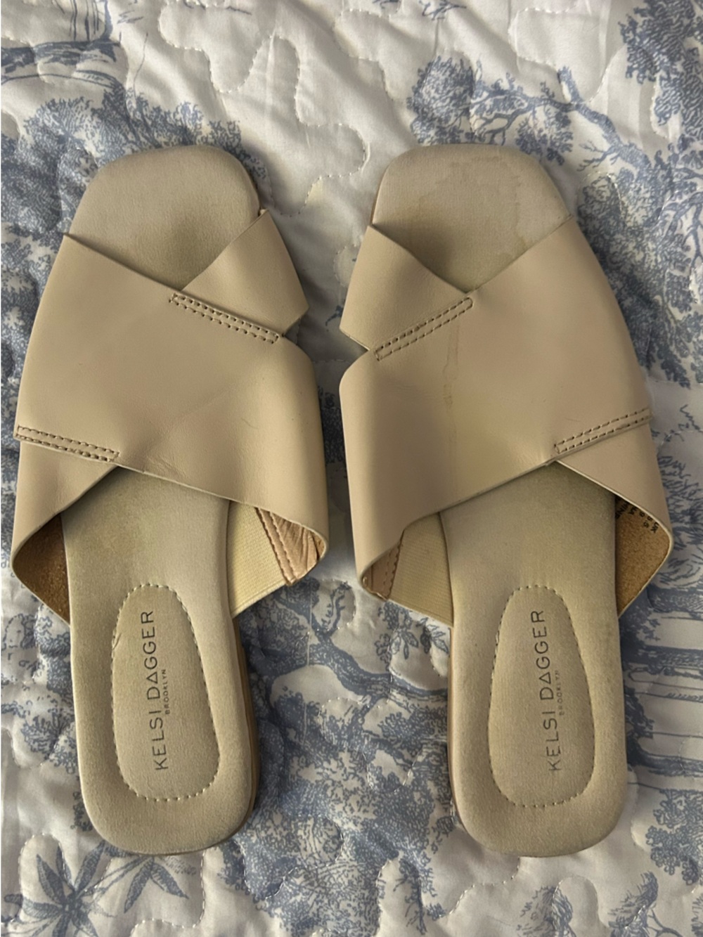 Kelsi Dagger Beige Crisscross Slide Mules